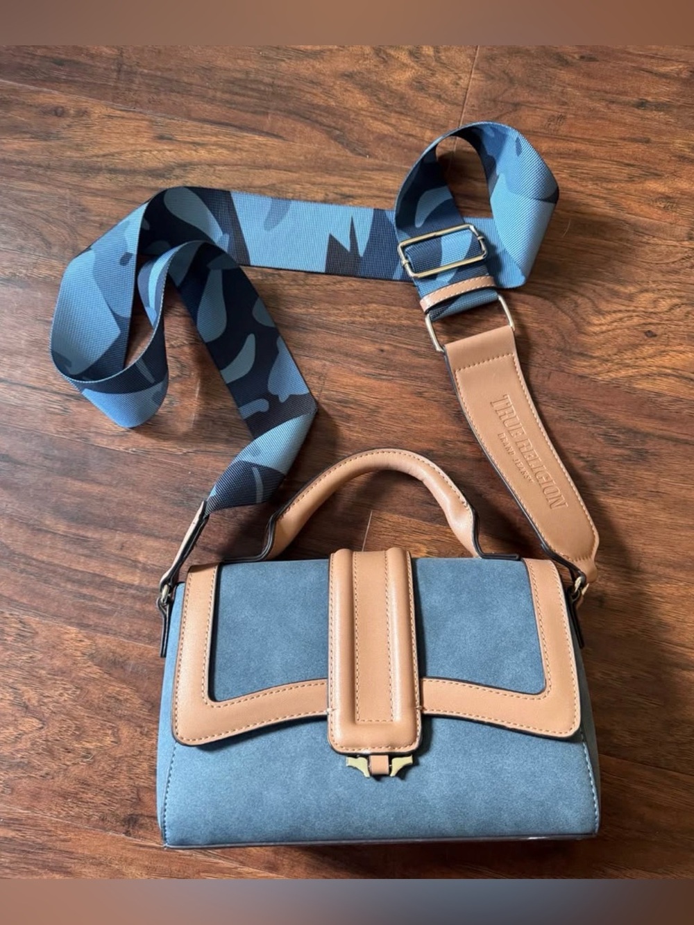 True Religion Blue Suede and Tan Leather Crossbody with Camouflage Strap